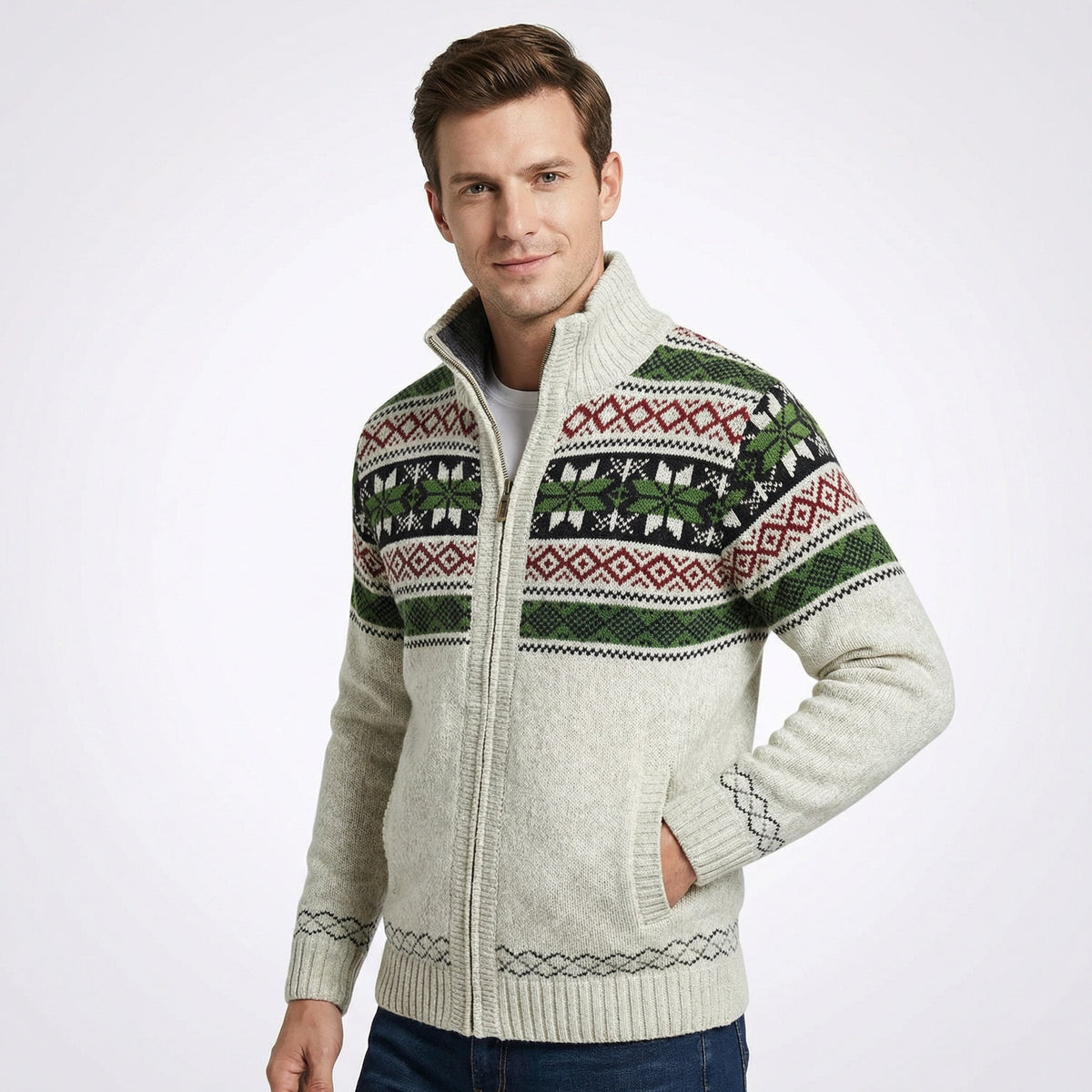 Gestrickte Herren-Cardigan mit Stehkragen und Reißverschluss, Winter, nordisches Jacquardmuster, warmer Pullover, Outdoorbekleidung | Sansoti
