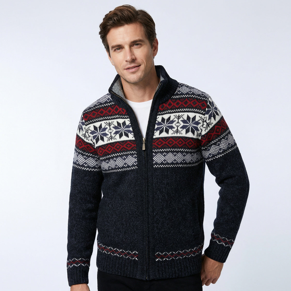 Gestrickte Herren-Cardigan mit Stehkragen und Reißverschluss, Winter, nordisches Jacquardmuster, warmer Pullover, Outdoorbekleidung | Sansoti