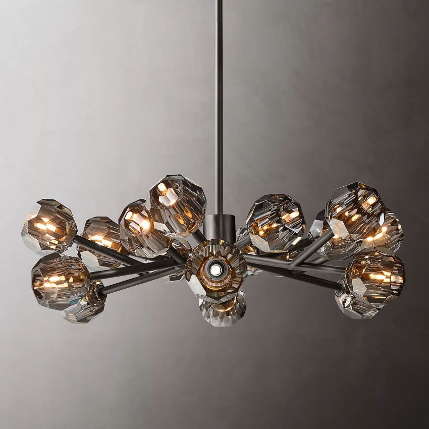 Lustre rond en cristal, laiton, cristal K9, suspension LED élégante et luxueuse pour salle à manger, salon et entrée | Sansoti