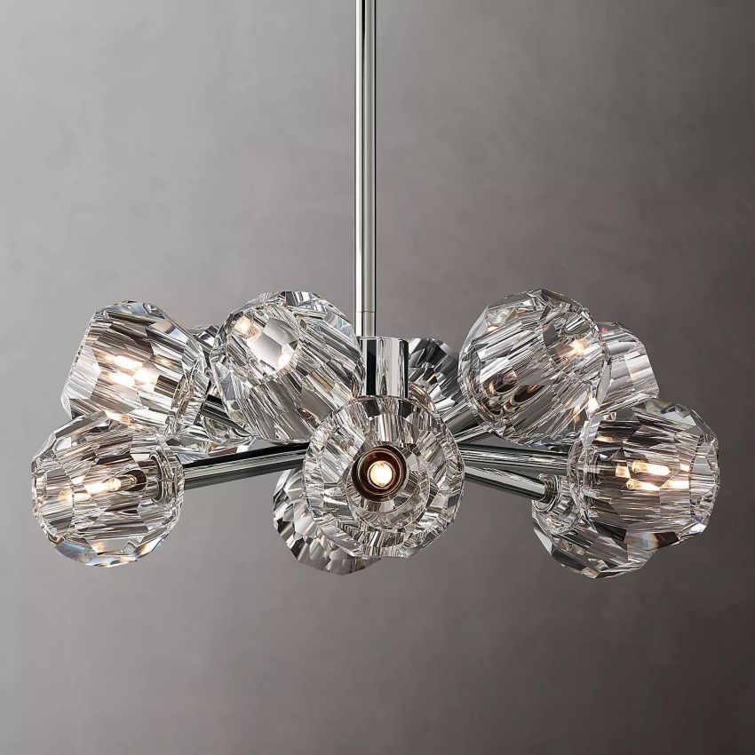 Lustre rond en cristal, laiton, cristal K9, suspension LED élégante et luxueuse pour salle à manger, salon et entrée | Sansoti