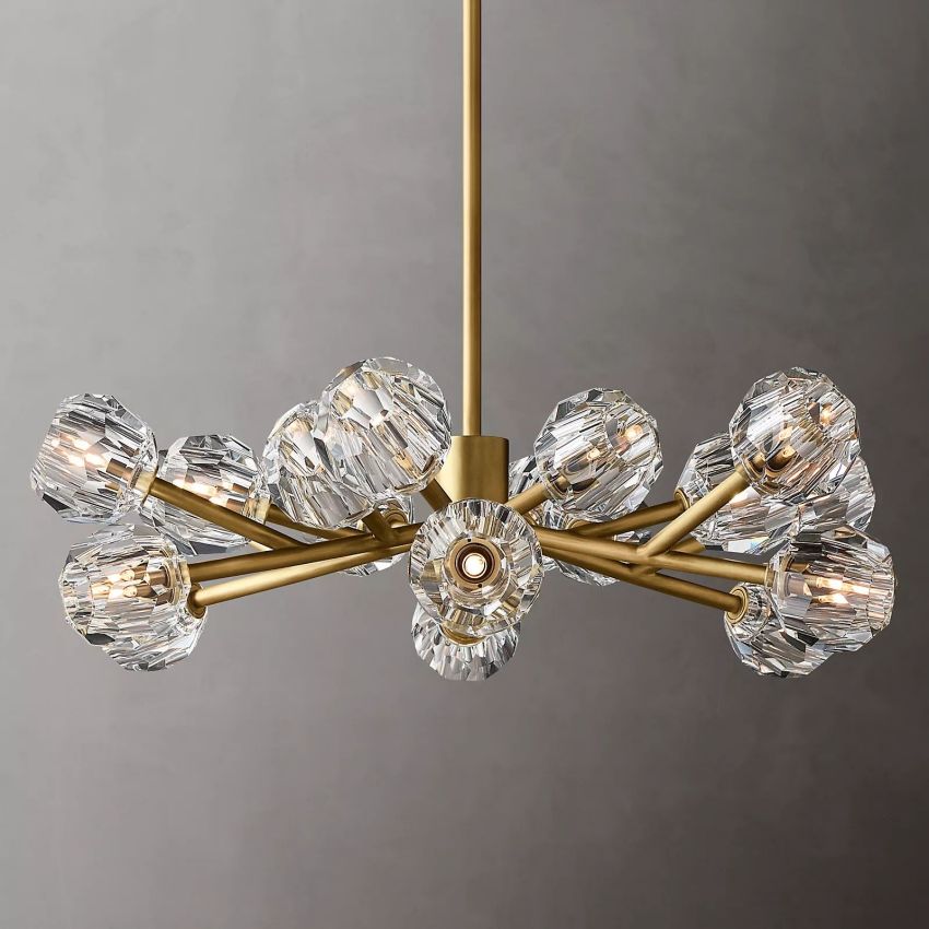 Lustre rond en cristal, laiton, cristal K9, suspension LED élégante et luxueuse pour salle à manger, salon et entrée | Sansoti