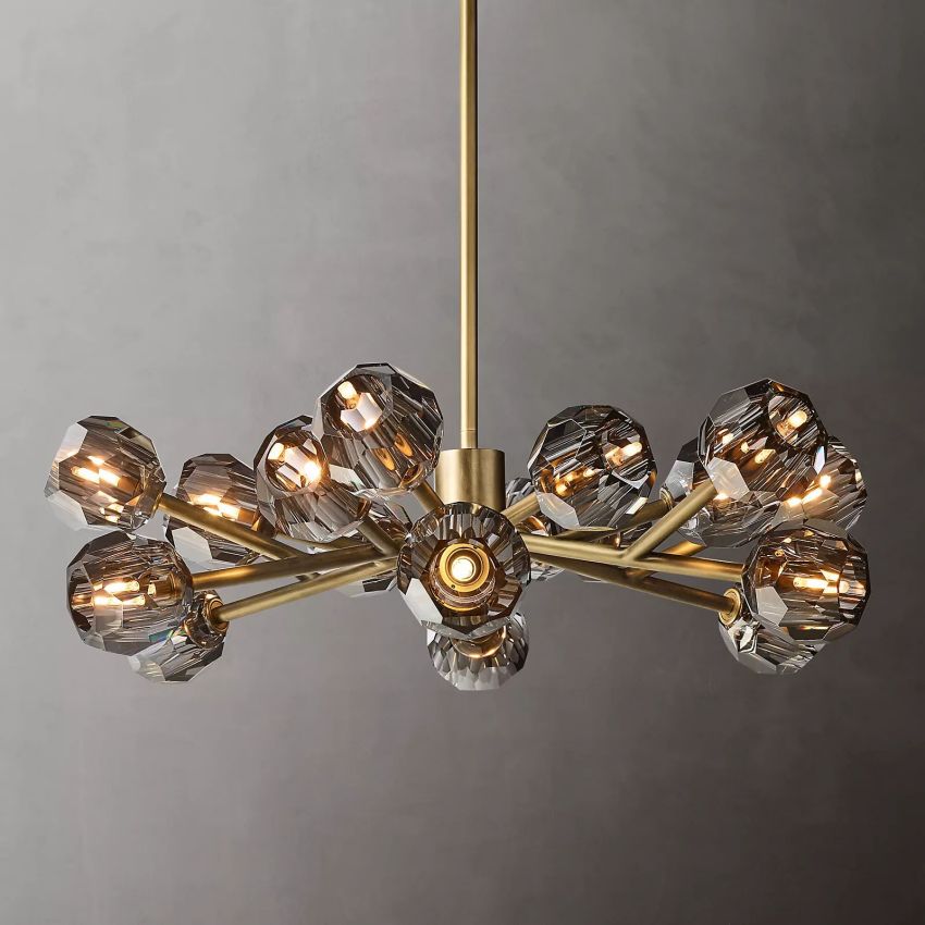 Lustre rond en cristal, laiton, cristal K9, suspension LED élégante et luxueuse pour salle à manger, salon et entrée | Sansoti