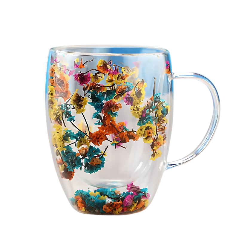 Dubbelwandige Cappuccinokop met Droogbloemen 300ml Glas Thermische Isolatie Ergonomische Greep Koffiekop | Sansoti