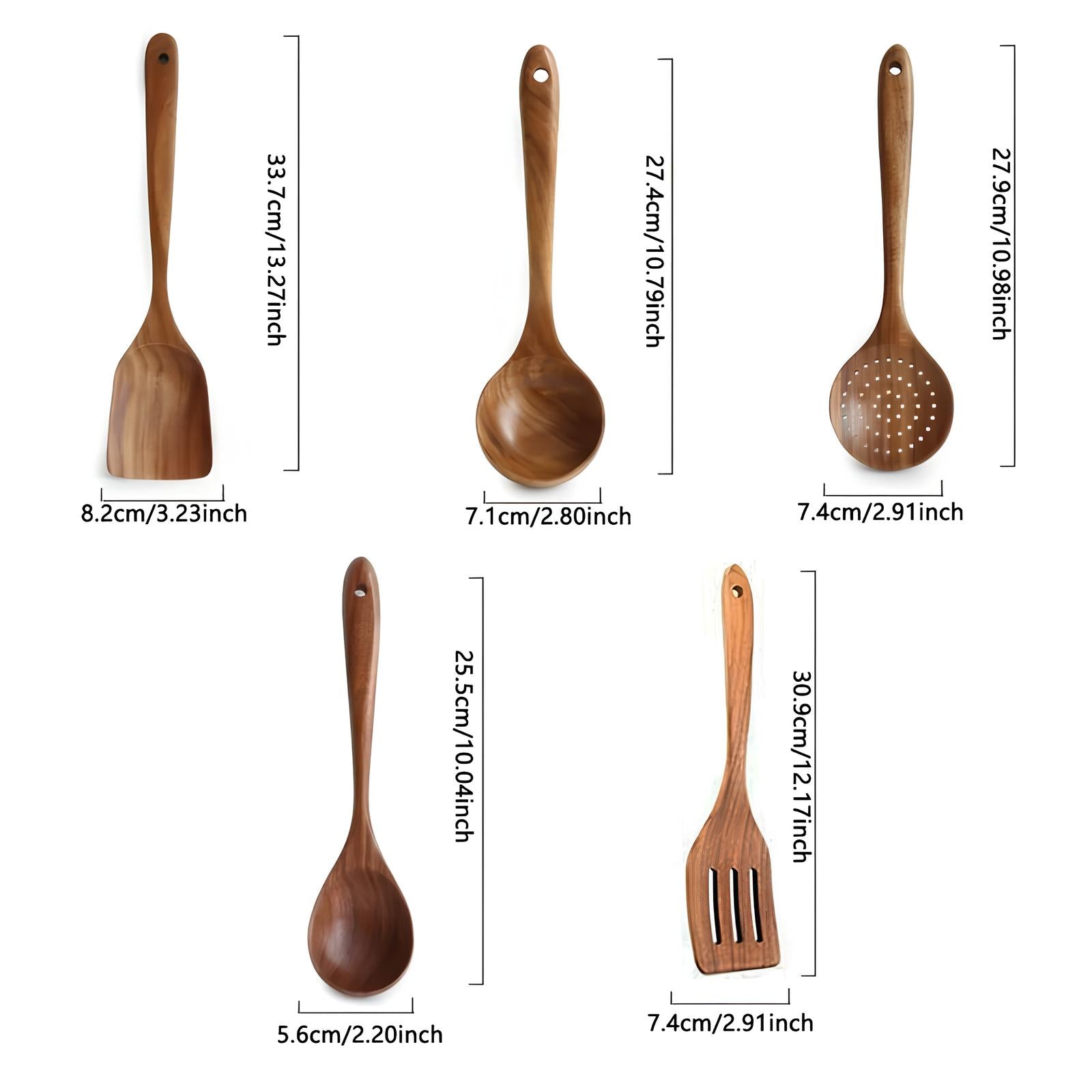 Houten Keukengerei Set 5-delig Teakhout met Spatel Soeplepel Spaghettischep Kooklepel Bakborstel Kookgerei | Sansoti