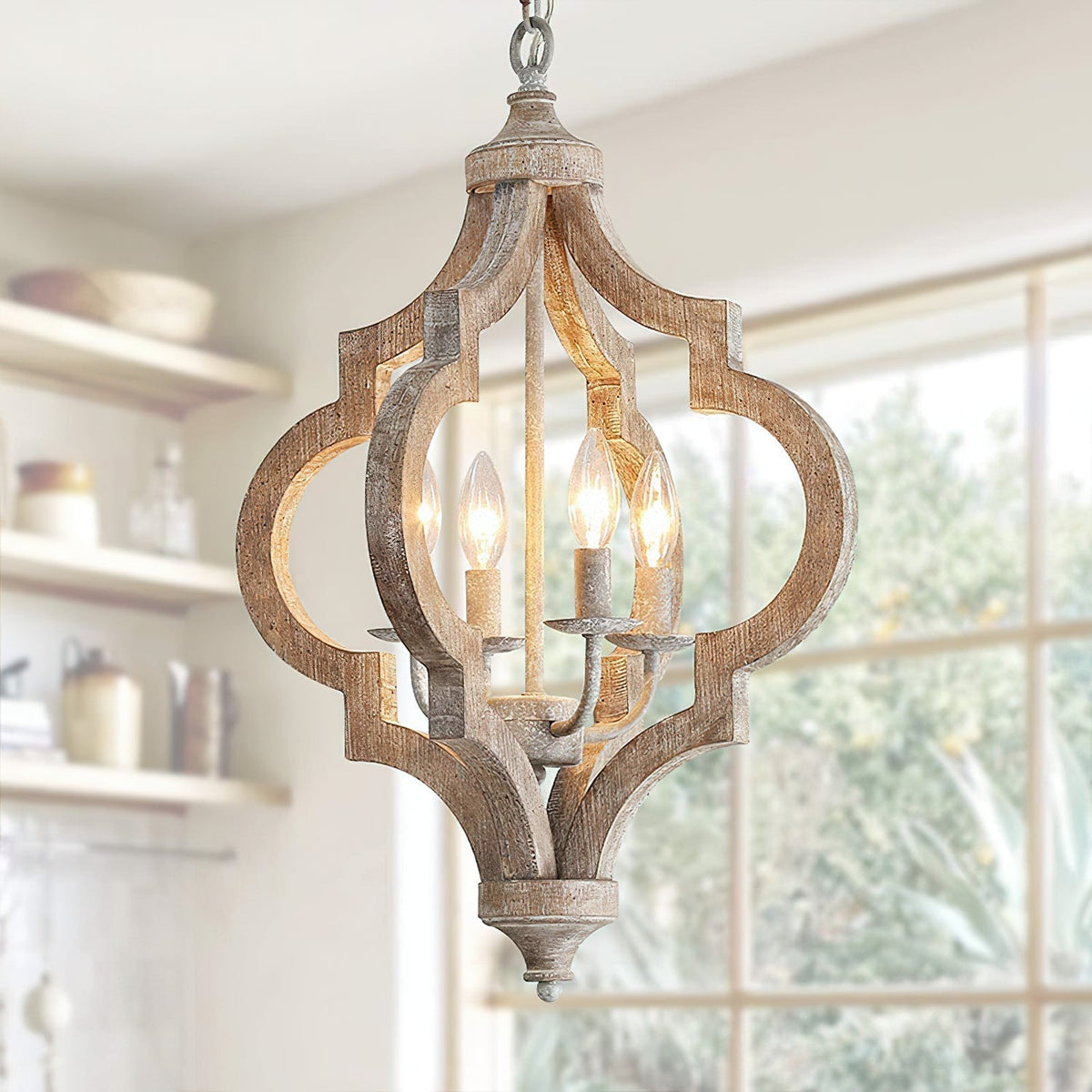 Houten Kroonluchter 4 Lampen Vintage Stijl Hanglamp Gerecycled Hout E12 E14 Fitting Landelijk Woonkamer | Sansoti