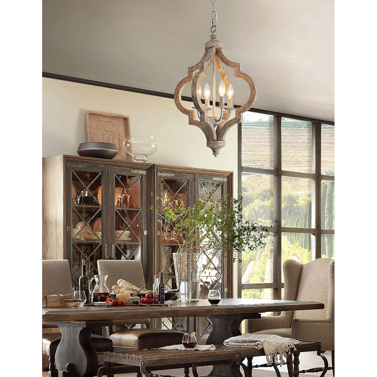 Houten Kroonluchter 4 Lampen Vintage Stijl Hanglamp Gerecycled Hout E12 E14 Fitting Landelijk Woonkamer | Sansoti