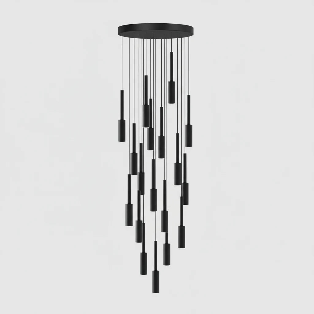 Cylindryczna lampa spotowa - żyrandol z metalu, ściemnialna, LED, do klatki schodowej i holu, regulowana, nowoczesny design, 1-30 punktów świetlnych | Sansoti