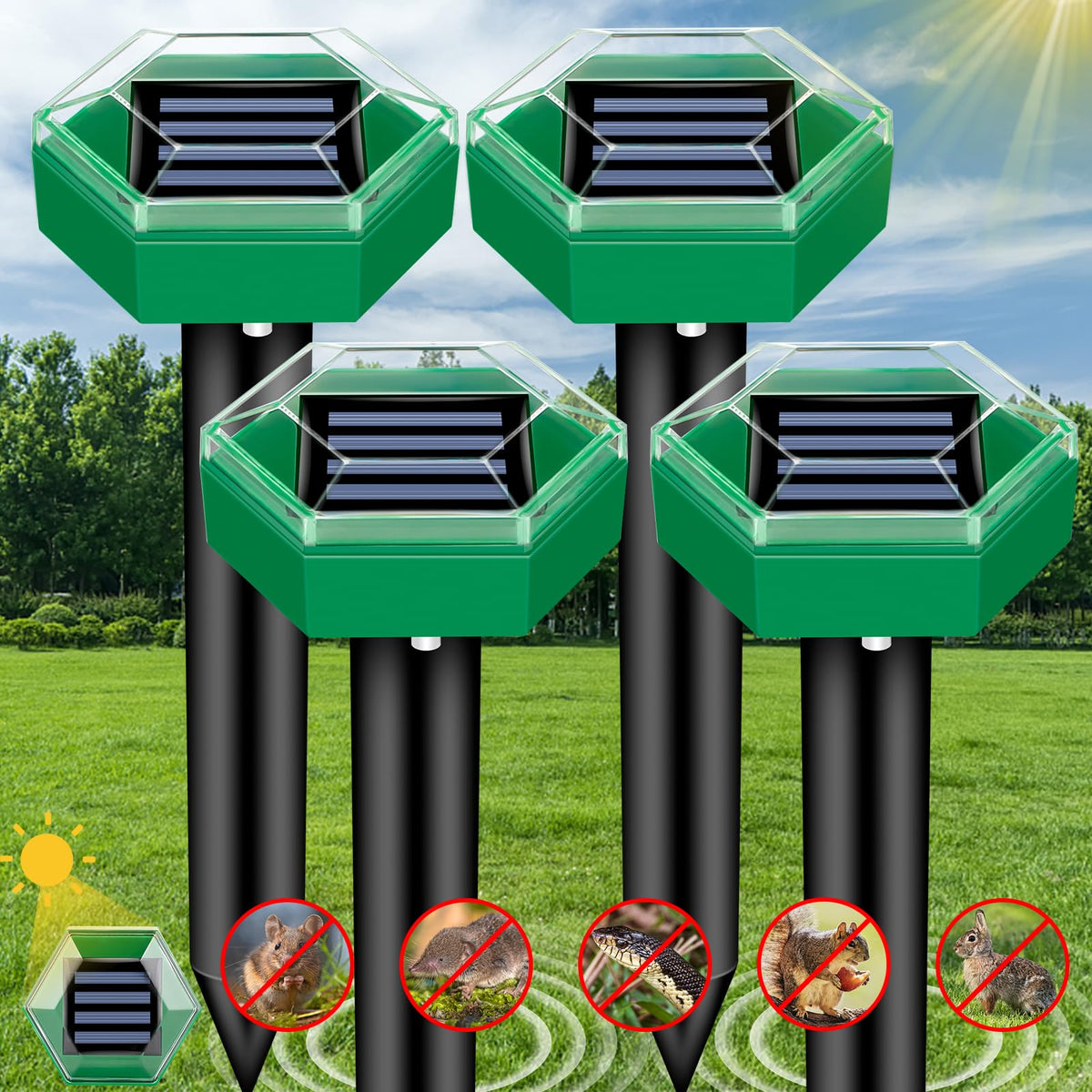 Ultraschall-Maulwurfvertreiber mit Solarenergie, 4 Stück, tierfreundlicher, wasserdichter Gartenschutz, IP65 | Sansoti