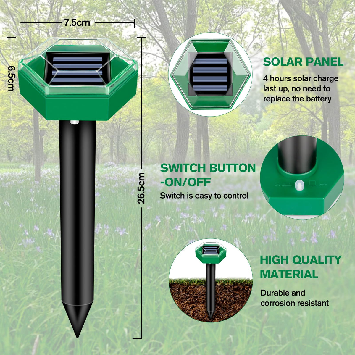 Ultraschall-Maulwurfvertreiber mit Solarenergie, 4 Stück, tierfreundlicher, wasserdichter Gartenschutz, IP65 | Sansoti
