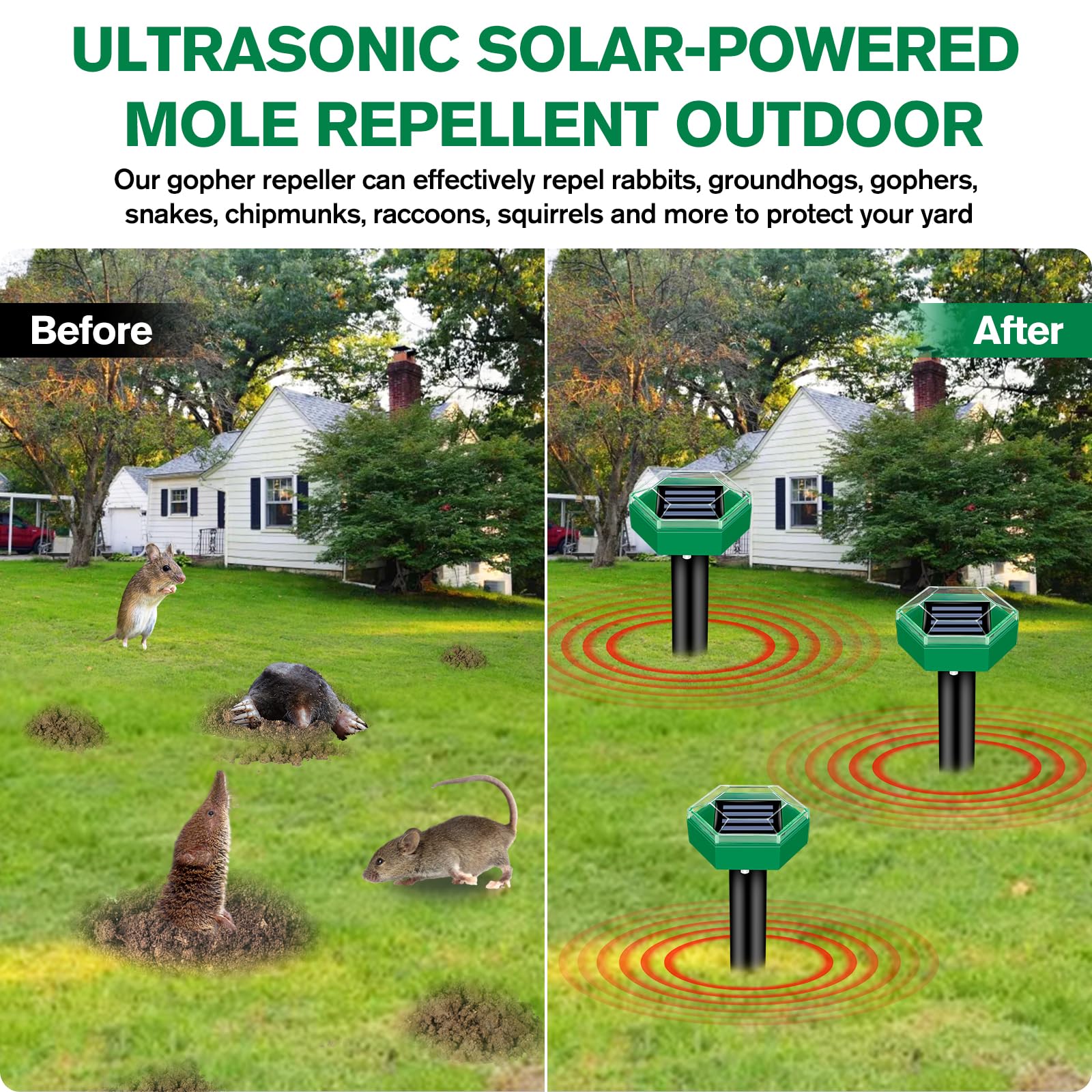 Ultraschall-Maulwurfvertreiber mit Solarenergie, 4 Stück, tierfreundlicher, wasserdichter Gartenschutz, IP65 | Sansoti