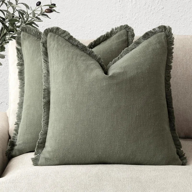 Kussenslopen Katoen-Linnen 45x45 Beige Grijs Olijfgroen Blauw Wit Franjes Ritssluiting Decoratief Bank | Sansoti