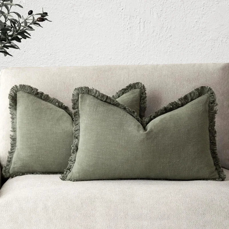 Kussenslopen Katoen-Linnen 45x45 Beige Grijs Olijfgroen Blauw Wit Franjes Ritssluiting Decoratief Bank | Sansoti