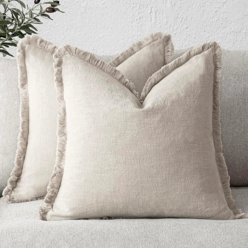 Kussenslopen Katoen-Linnen 45x45 Beige Grijs Olijfgroen Blauw Wit Franjes Ritssluiting Decoratief Bank | Sansoti