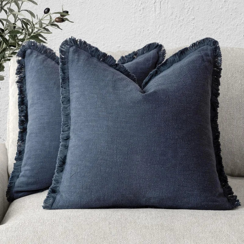 Kussenslopen Katoen-Linnen 45x45 Beige Grijs Olijfgroen Blauw Wit Franjes Ritssluiting Decoratief Bank | Sansoti