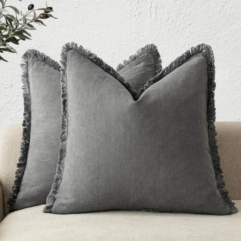 Kussenslopen Katoen-Linnen 45x45 Beige Grijs Olijfgroen Blauw Wit Franjes Ritssluiting Decoratief Bank | Sansoti