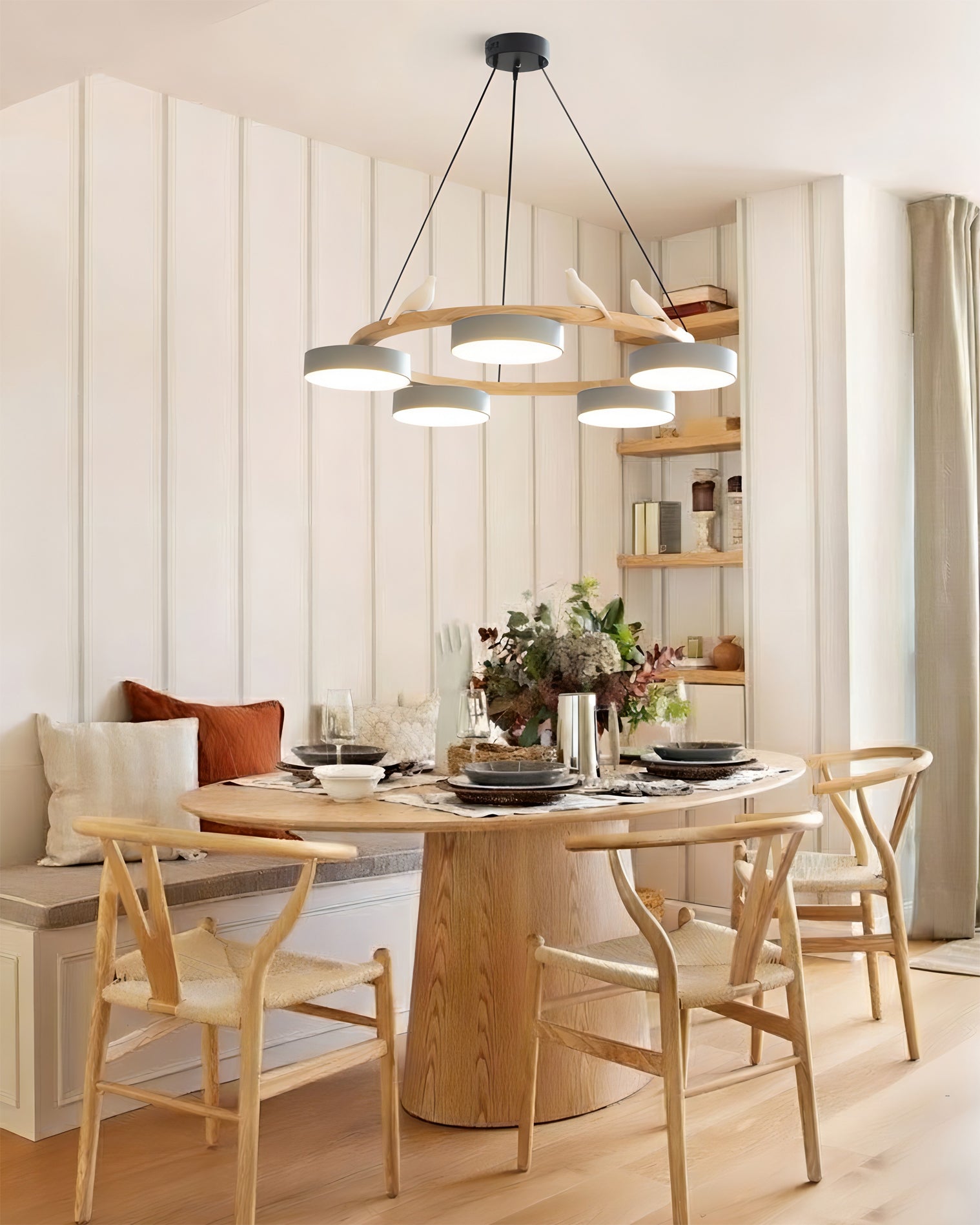 Runde Hängelampe Mit Vögeln Holzring LED 65cm 72cm | Restfield