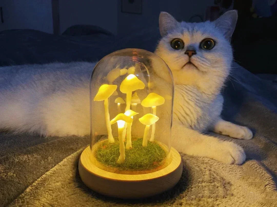 DIY-Pilzlampe aus Glas und Holz – Magische stimmungsvolle Tischleuchte in Warmweiß, dekorativ für Wohn- und Schlafzimmer | Sansoti