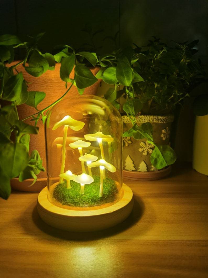 DIY-Pilzlampe aus Glas und Holz – Magische stimmungsvolle Tischleuchte in Warmweiß, dekorativ für Wohn- und Schlafzimmer | Sansoti