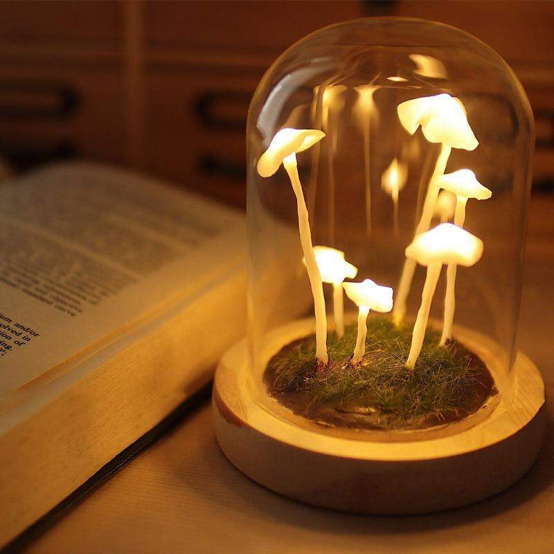 DIY-Pilzlampe aus Glas und Holz – Magische stimmungsvolle Tischleuchte in Warmweiß, dekorativ für Wohn- und Schlafzimmer | Sansoti