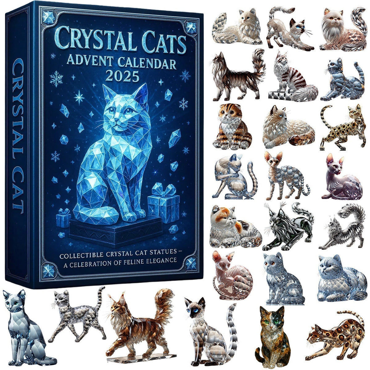 Advent Calendar Cats with 24 Crystal Figurines Collection December Christmas Decoration for Cat Lovers | Sansoti
