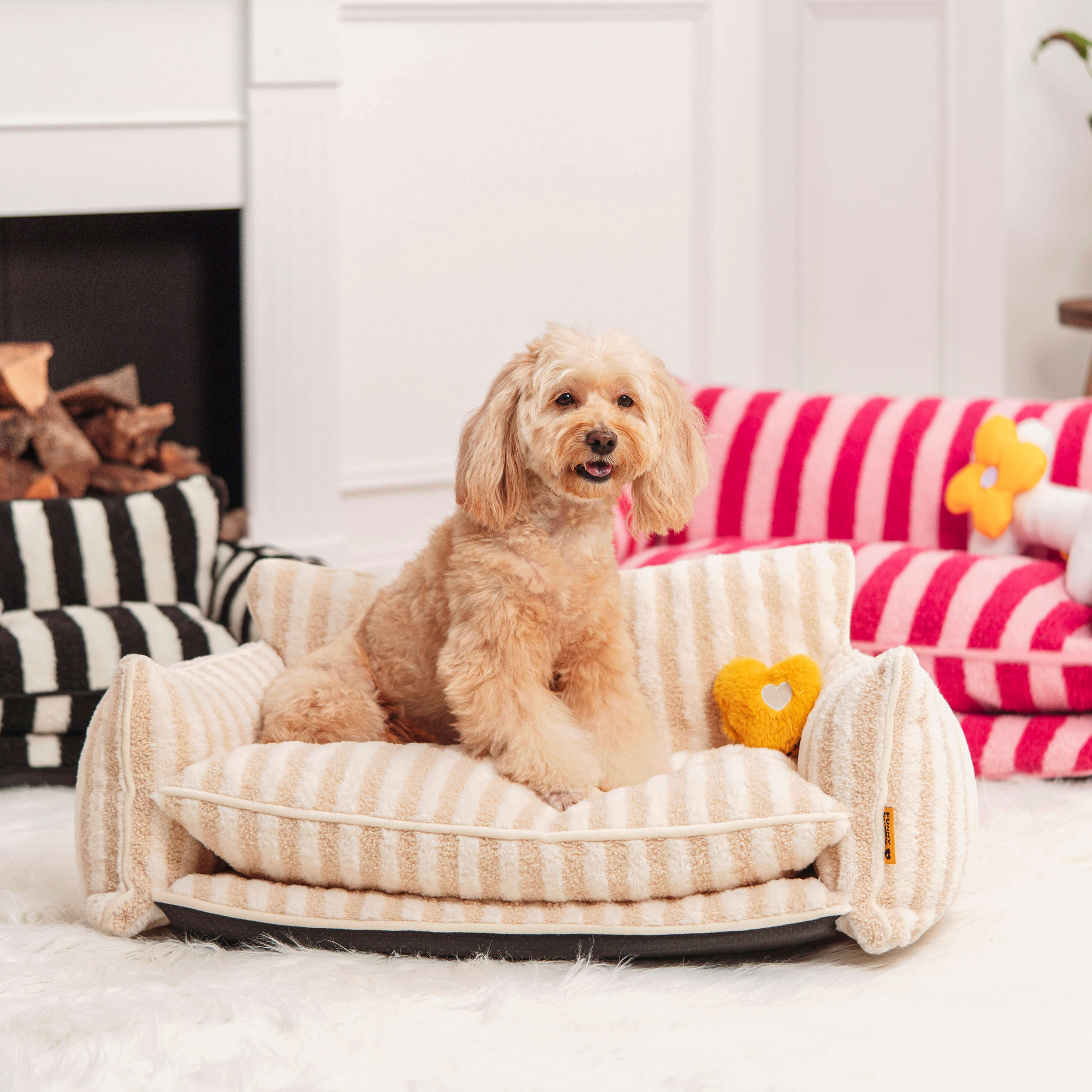 Gestreepte Pluche Hondenbed Tweelaags Kunstlam Warm Afneembaar Beige Roze Zwart M L XL 2XL Huisdier Comfort | Sansoti