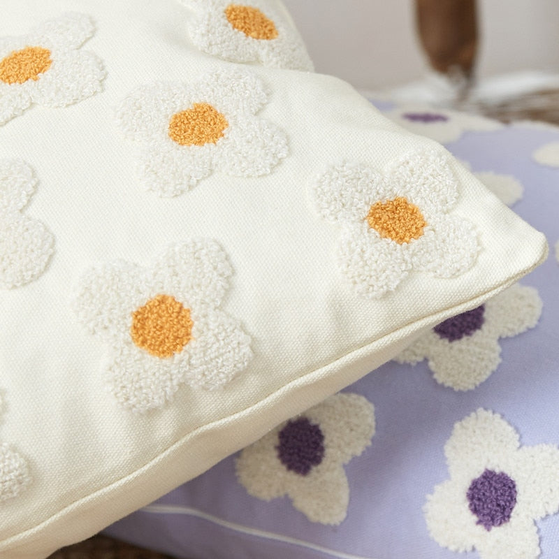 Housse de coussin brodée marguerite coton lavande ivoire 30x50 45x45 coussin décoratif | Restfield