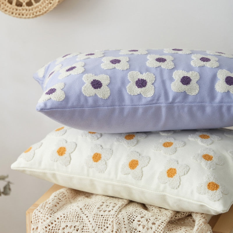 Housse de coussin brodée marguerite coton lavande ivoire 30x50 45x45 coussin décoratif | Restfield