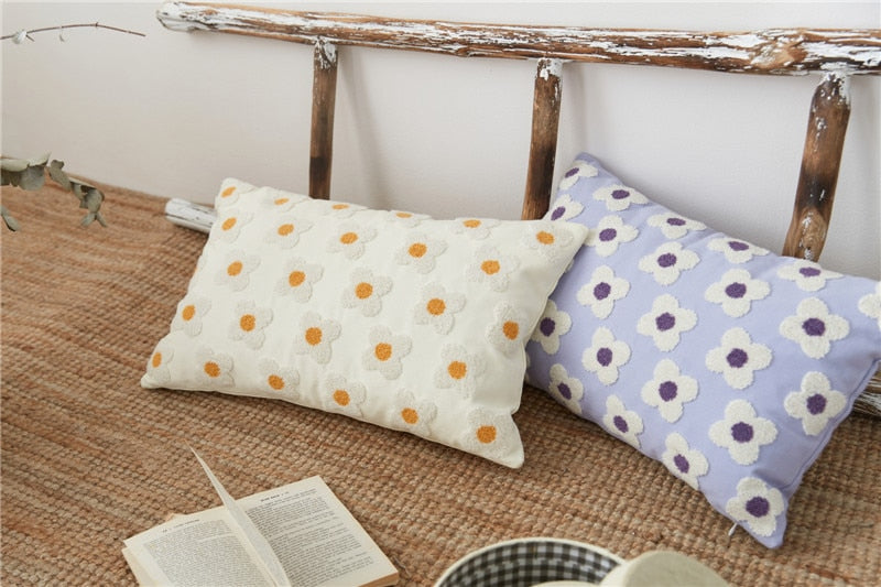 Housse de coussin brodée marguerite coton lavande ivoire 30x50 45x45 coussin décoratif | Restfield