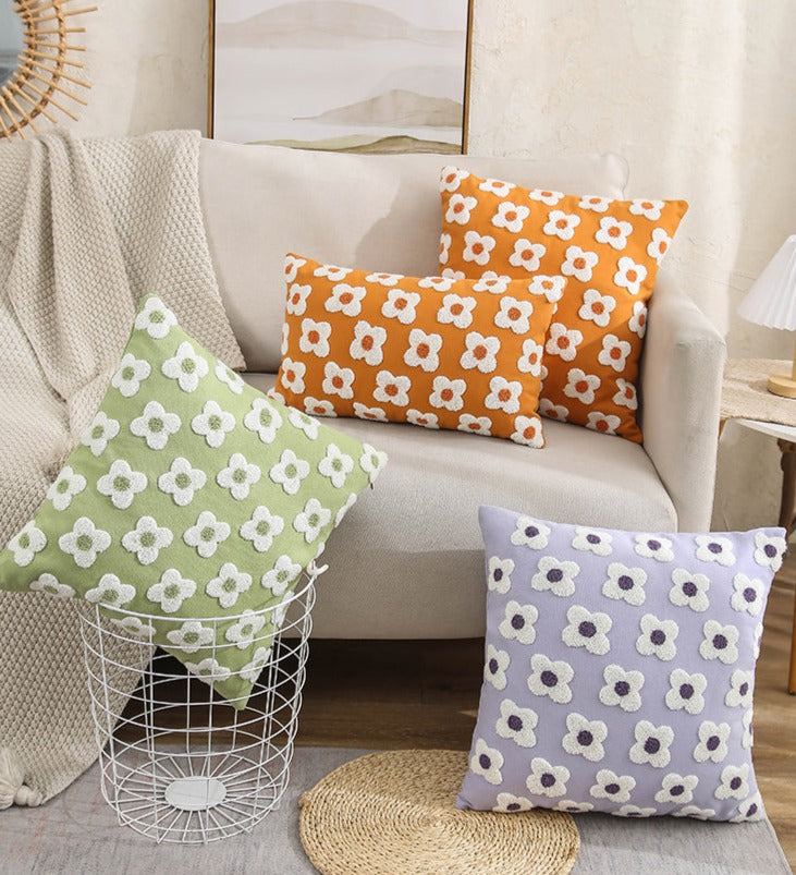 Housse de coussin brodée marguerite coton lavande ivoire 30x50 45x45 coussin décoratif | Restfield