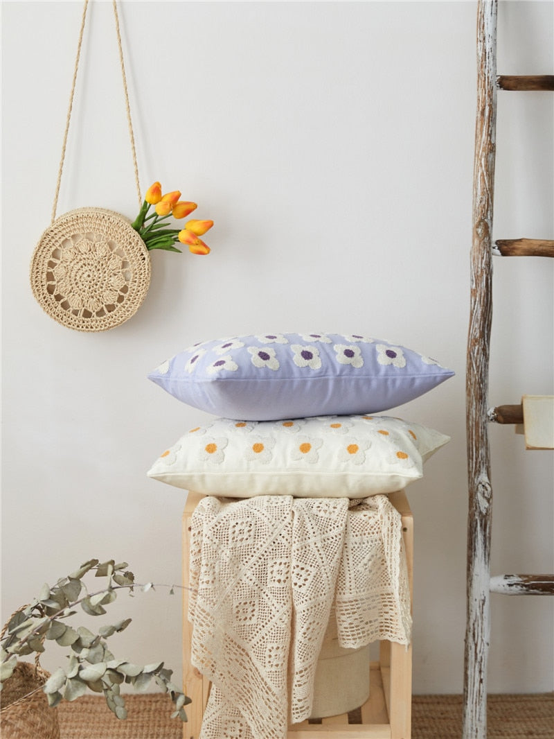 Housse de coussin brodée marguerite coton lavande ivoire 30x50 45x45 coussin décoratif | Restfield