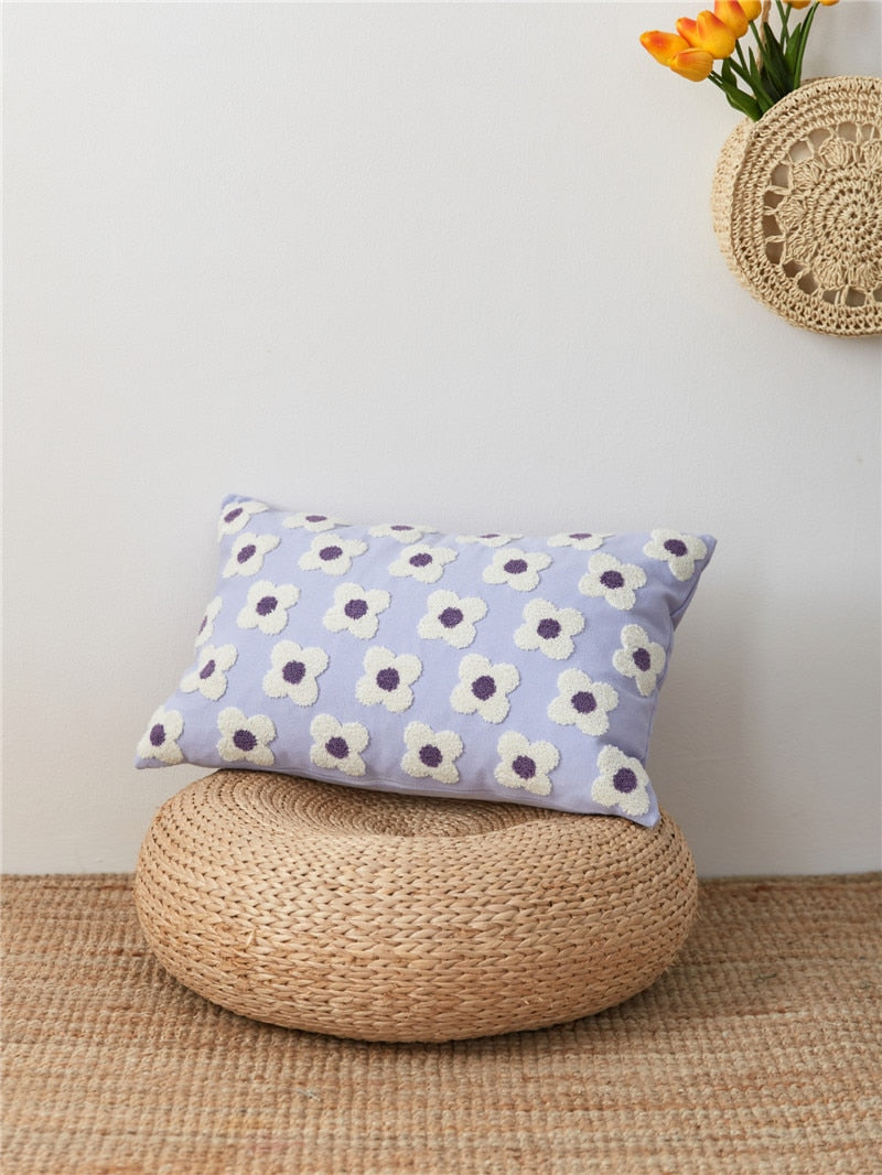 Housse de coussin brodée marguerite coton lavande ivoire 30x50 45x45 coussin décoratif | Restfield