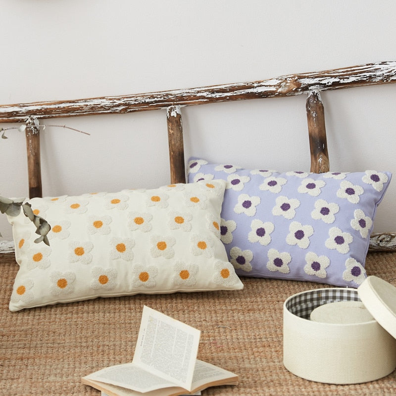 Housse de coussin brodée marguerite coton lavande ivoire 30x50 45x45 coussin décoratif | Restfield