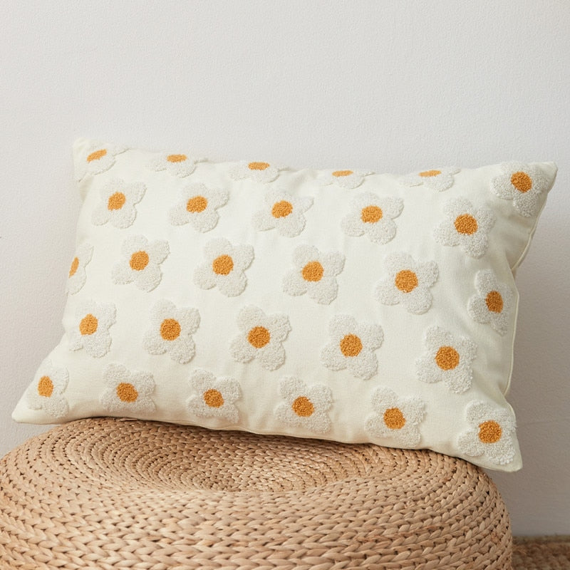 Housse de coussin brodée marguerite coton lavande ivoire 30x50 45x45 coussin décoratif | Restfield