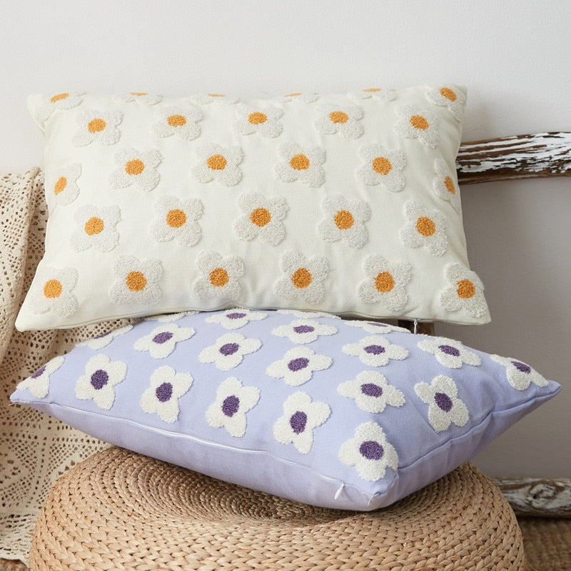 Housse de coussin brodée marguerite coton lavande ivoire 30x50 45x45 coussin décoratif | Restfield