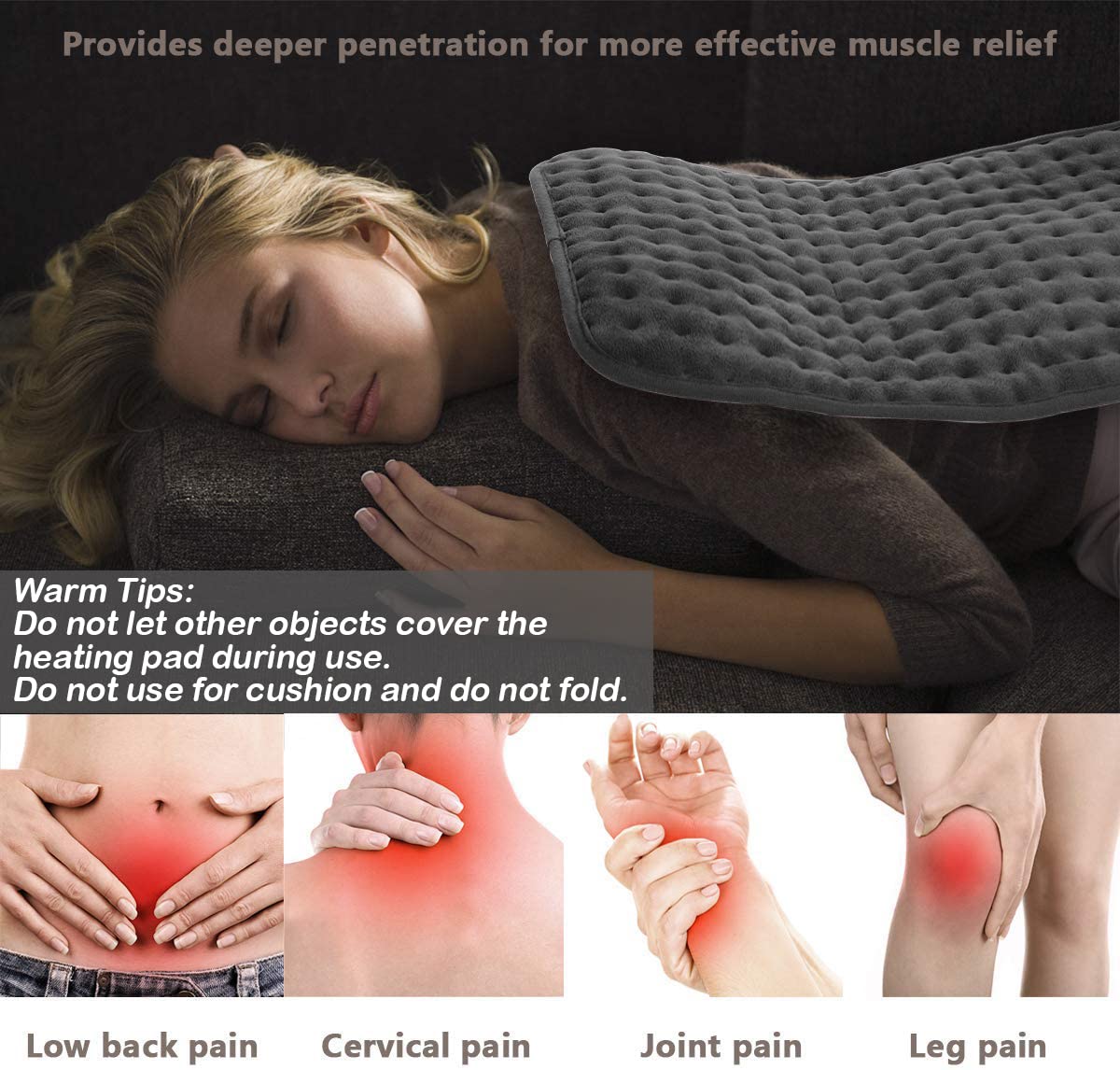 Electric Heating Pad with 10 Temperature Settings and Timer for Back Neck Abdomen Legs Pain Relief | Sansoti