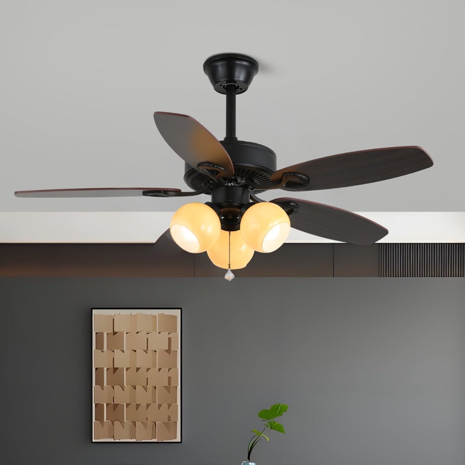 Ceiling Fan with Lighting Vintage Wood & Glass 107cm Scandinavian Style Retro Ceiling Lamp with Remote Control | Sansoti