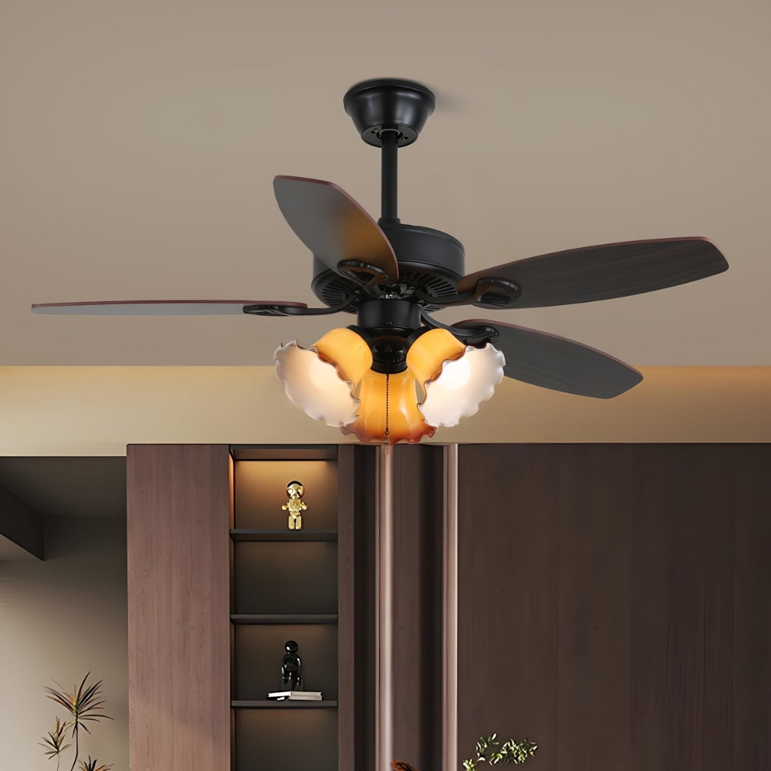 Ceiling Fan with Lighting Vintage Wood & Glass 107cm Scandinavian Style Retro Ceiling Lamp with Remote Control | Sansoti