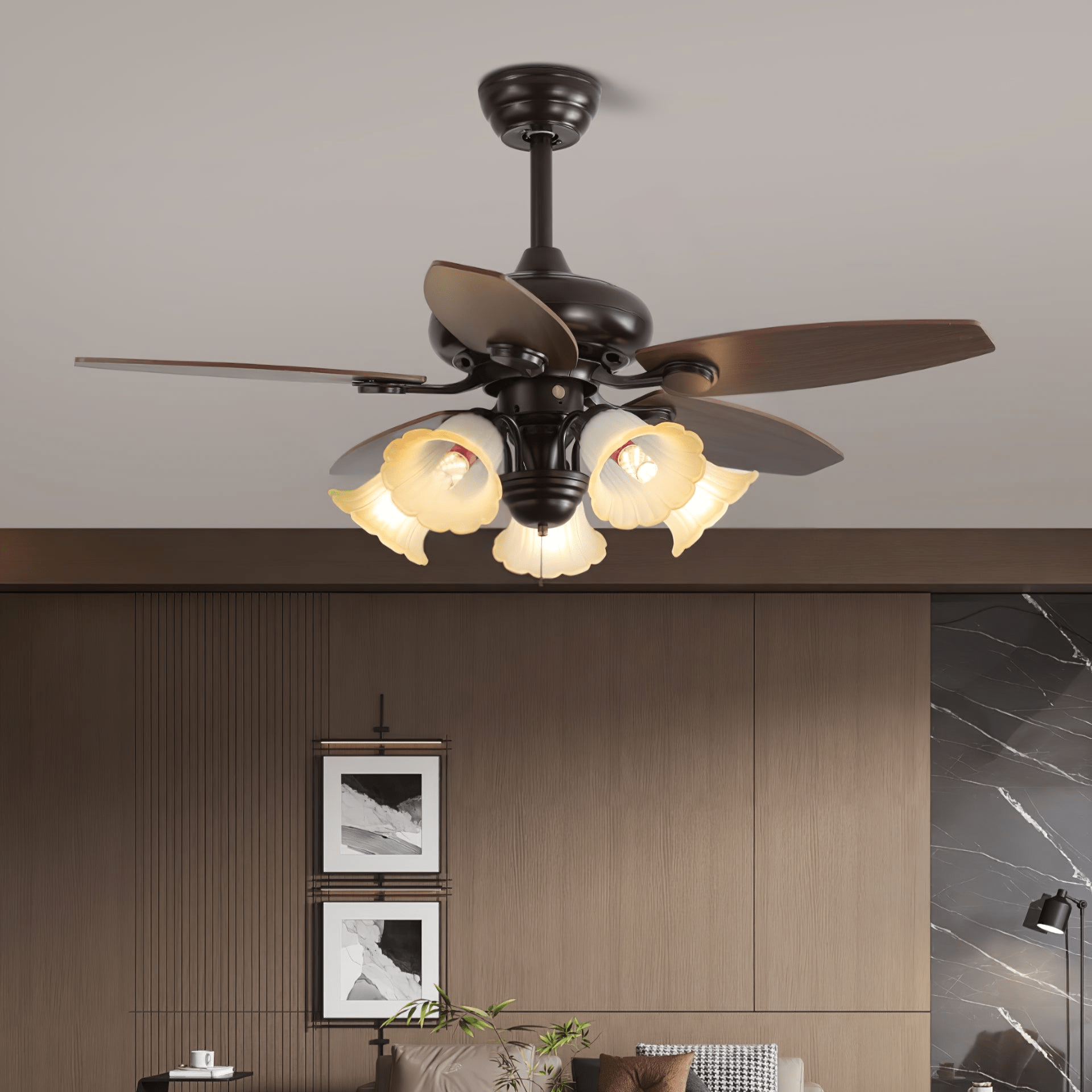 Vintage Plafondventilator met Verlichting Florence | Hout en Glas | Landelijk Ontwerp | Ø107cm met 3 of 5 Lichtpunten | 6 Snelheden | LED Edison Dimbaar | Afstandsbediening Inclusief | Scandinavisch Design | Sansoti