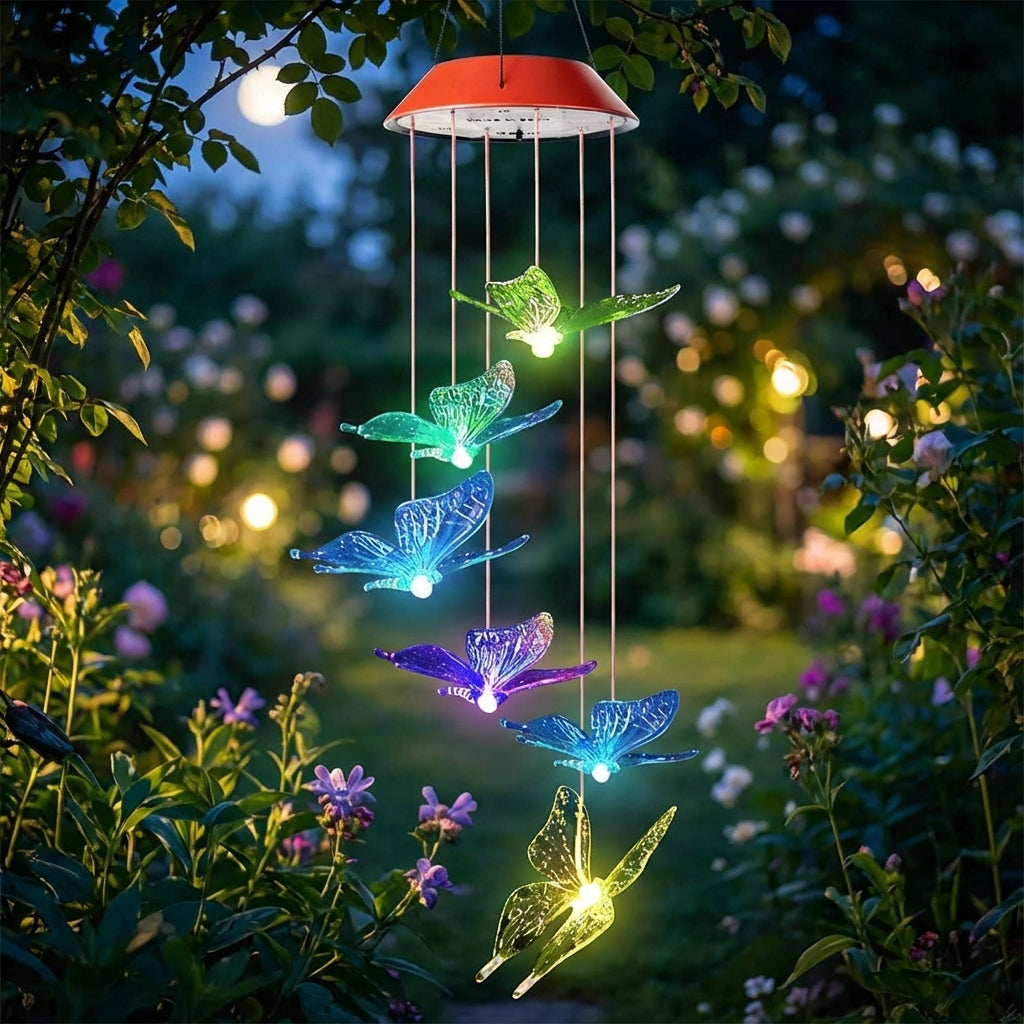 Solar Tuinlamp Vlinders Hangend LED 7 Kleuren Kleurwisselend Tuin Terras Windgong Sfeerverlichting Buiten Decoratie | Sansoti