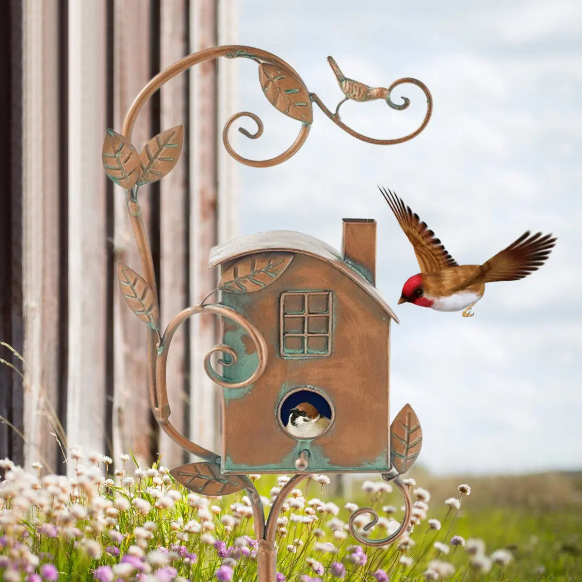 Metalen Vogelhuisje op Tuinsteker Vintage Stijl Tuindecoratie 5 Varianten Ornament Decoratief voor Tuin Patio Terras | Sansoti