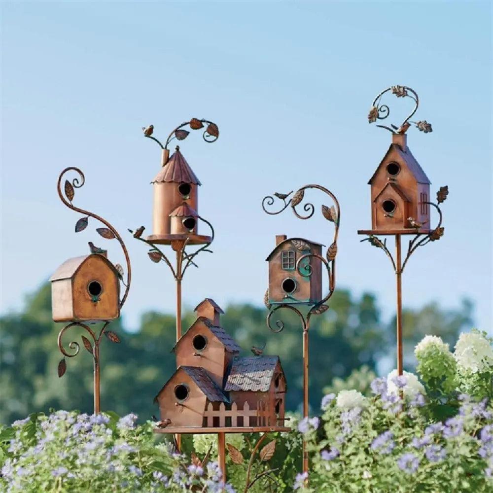 Metalen Vogelhuisje op Tuinsteker Vintage Stijl Tuindecoratie 5 Varianten Ornament Decoratief voor Tuin Patio Terras | Sansoti