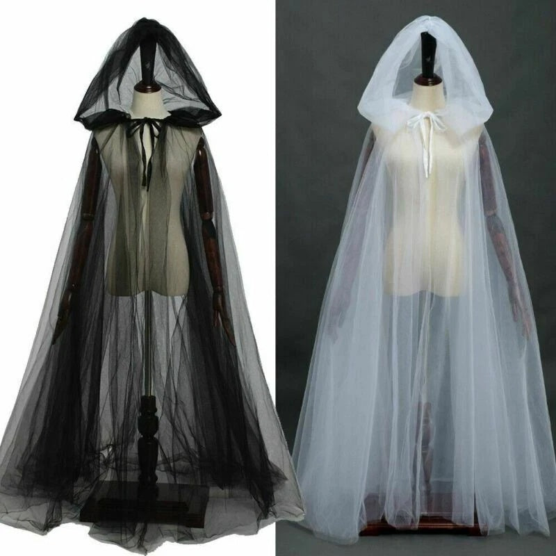 Long Hooded Mesh Cape for Parties Gothic Wedding Halloween Cosplay Costume Dark Style Fancy Dress | Sansoti