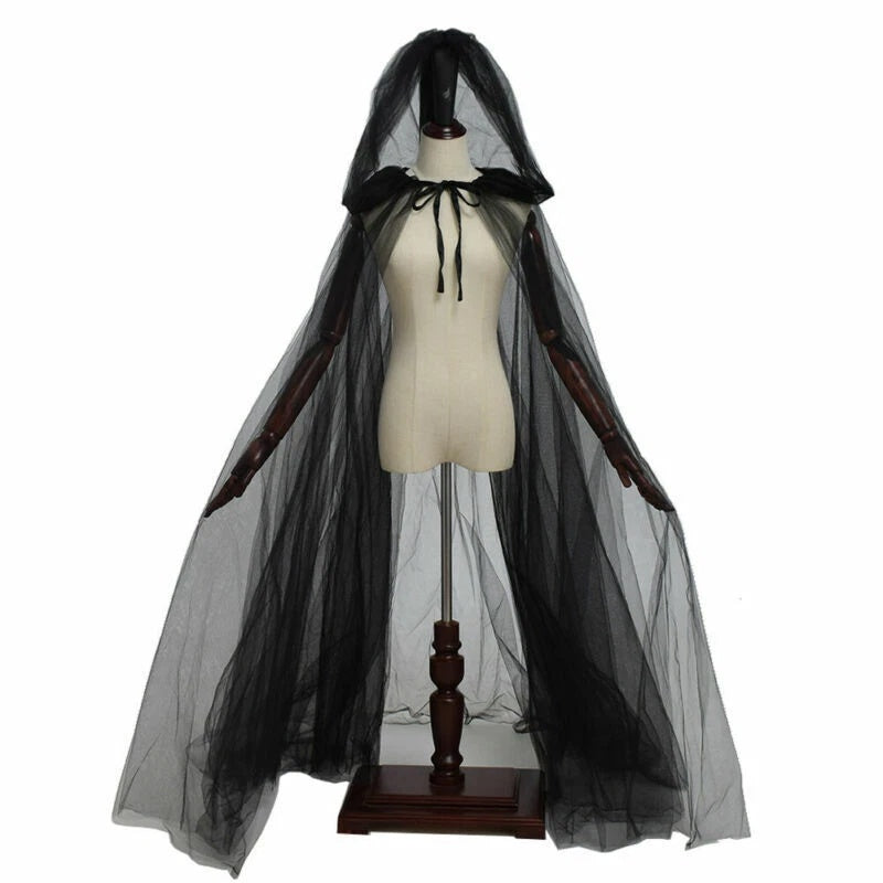 Long Hooded Mesh Cape for Parties Gothic Wedding Halloween Cosplay Costume Dark Style Fancy Dress | Sansoti