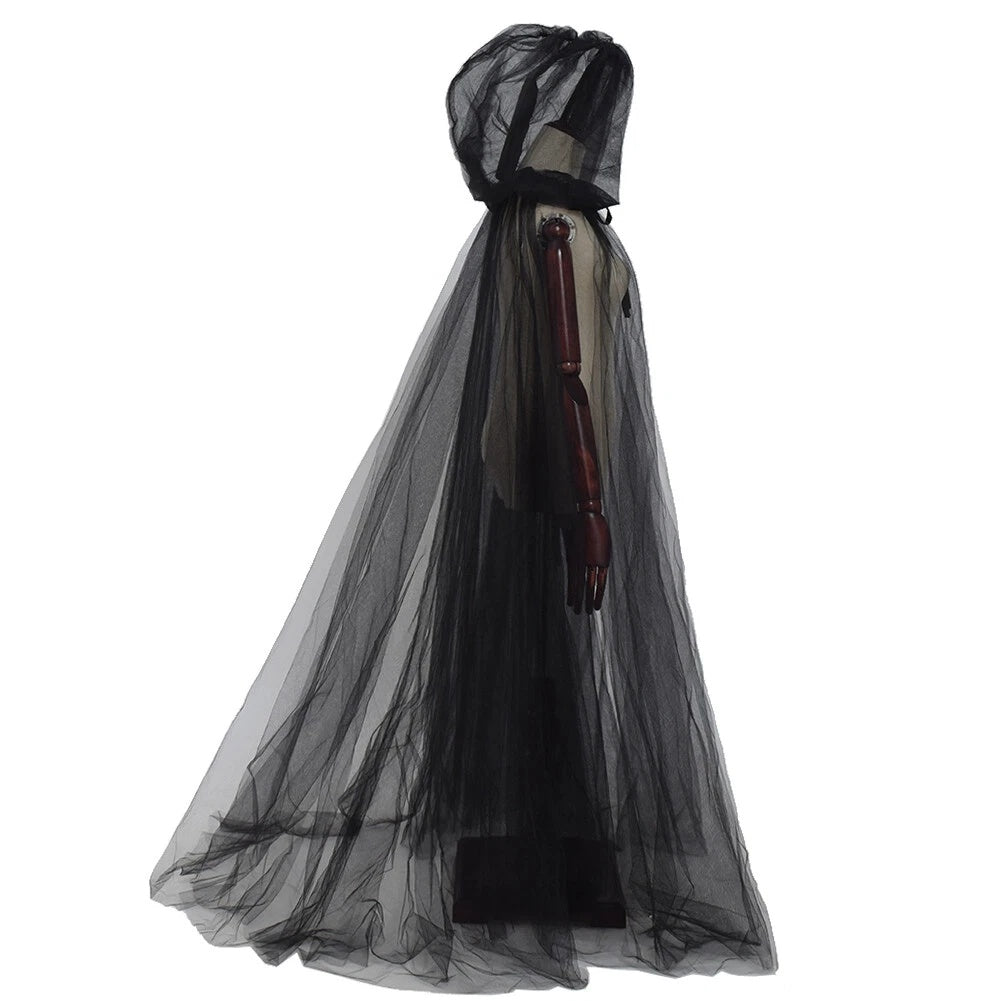 Long Hooded Mesh Cape for Parties Gothic Wedding Halloween Cosplay Costume Dark Style Fancy Dress | Sansoti