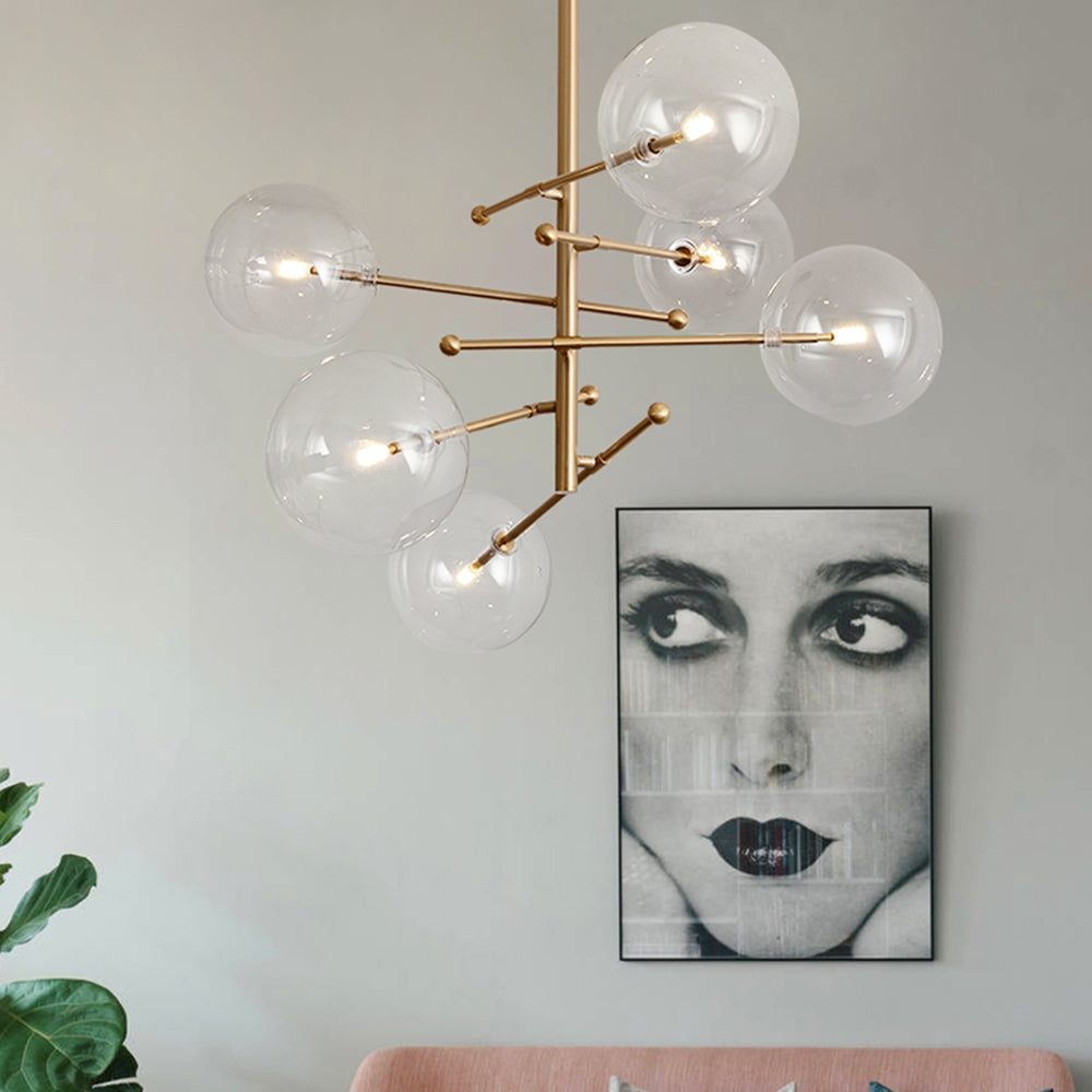 Goldfarbene Hängeleuchte mit Glaskugelschirmen, LED, 6 oder 8 Leuchtpunkte, Metall, modernes Design, Esszimmer, Wohnzimmer | Sansoti