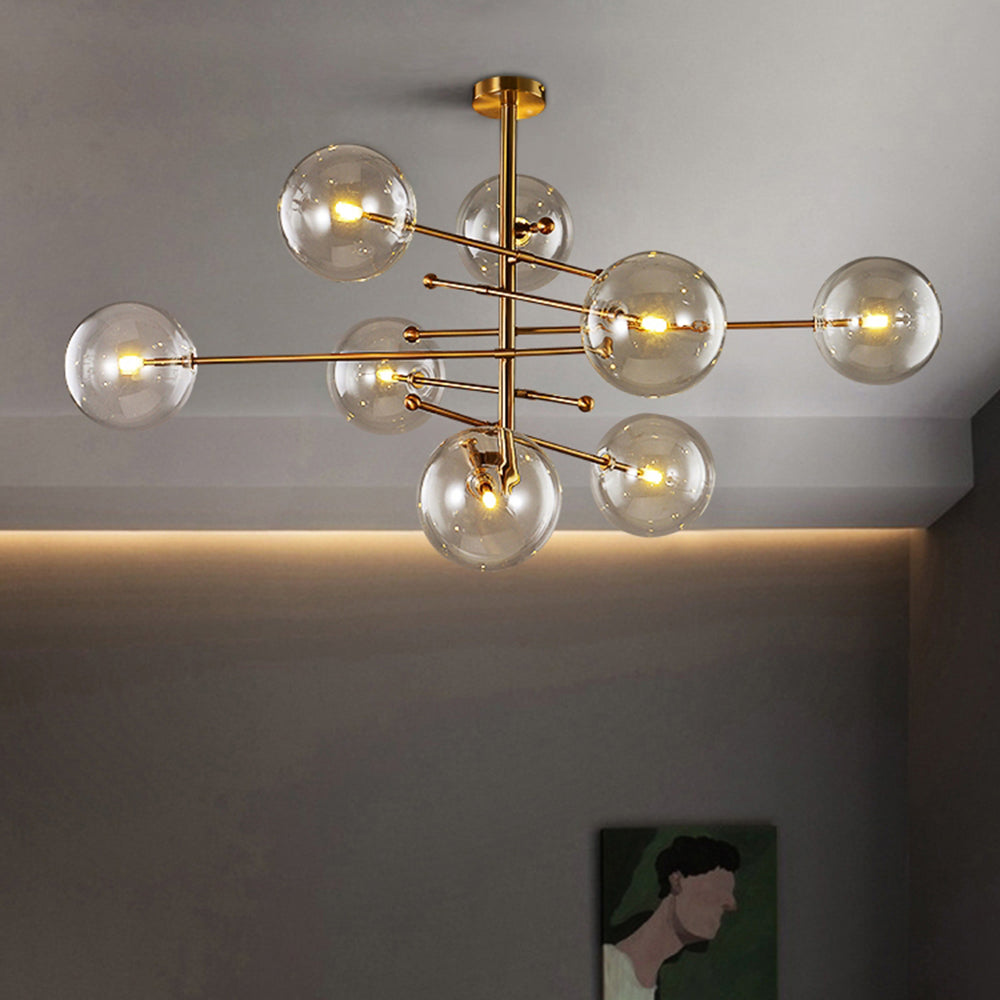 Goldfarbene Hängeleuchte mit Glaskugelschirmen, LED, 6 oder 8 Leuchtpunkte, Metall, modernes Design, Esszimmer, Wohnzimmer | Sansoti