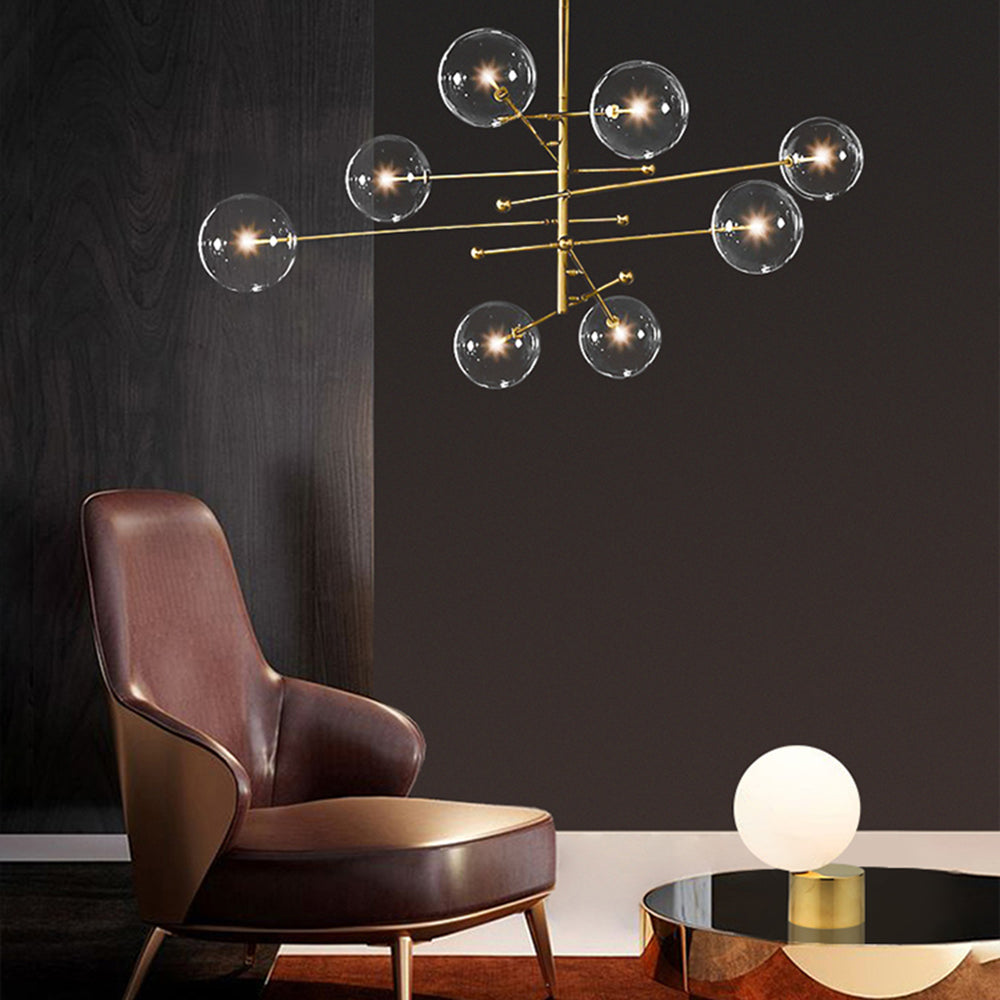 Goldfarbene Hängeleuchte mit Glaskugelschirmen, LED, 6 oder 8 Leuchtpunkte, Metall, modernes Design, Esszimmer, Wohnzimmer | Sansoti