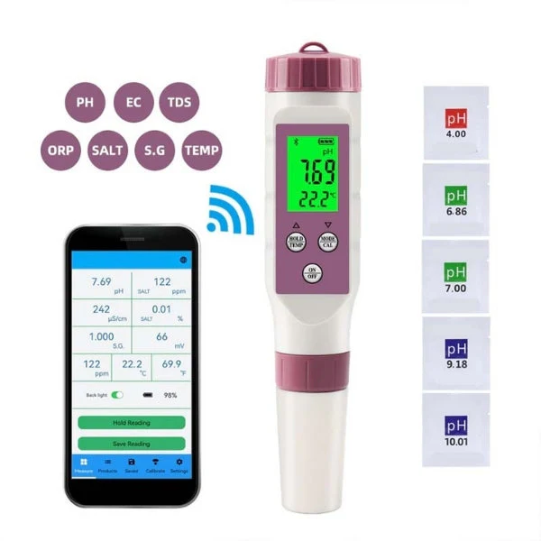 Digital 7-in-1 Water Tester for Pools and Spas Measuring pH TDS EC Salt Content Temperature App Control Water Analysis | Sansoti