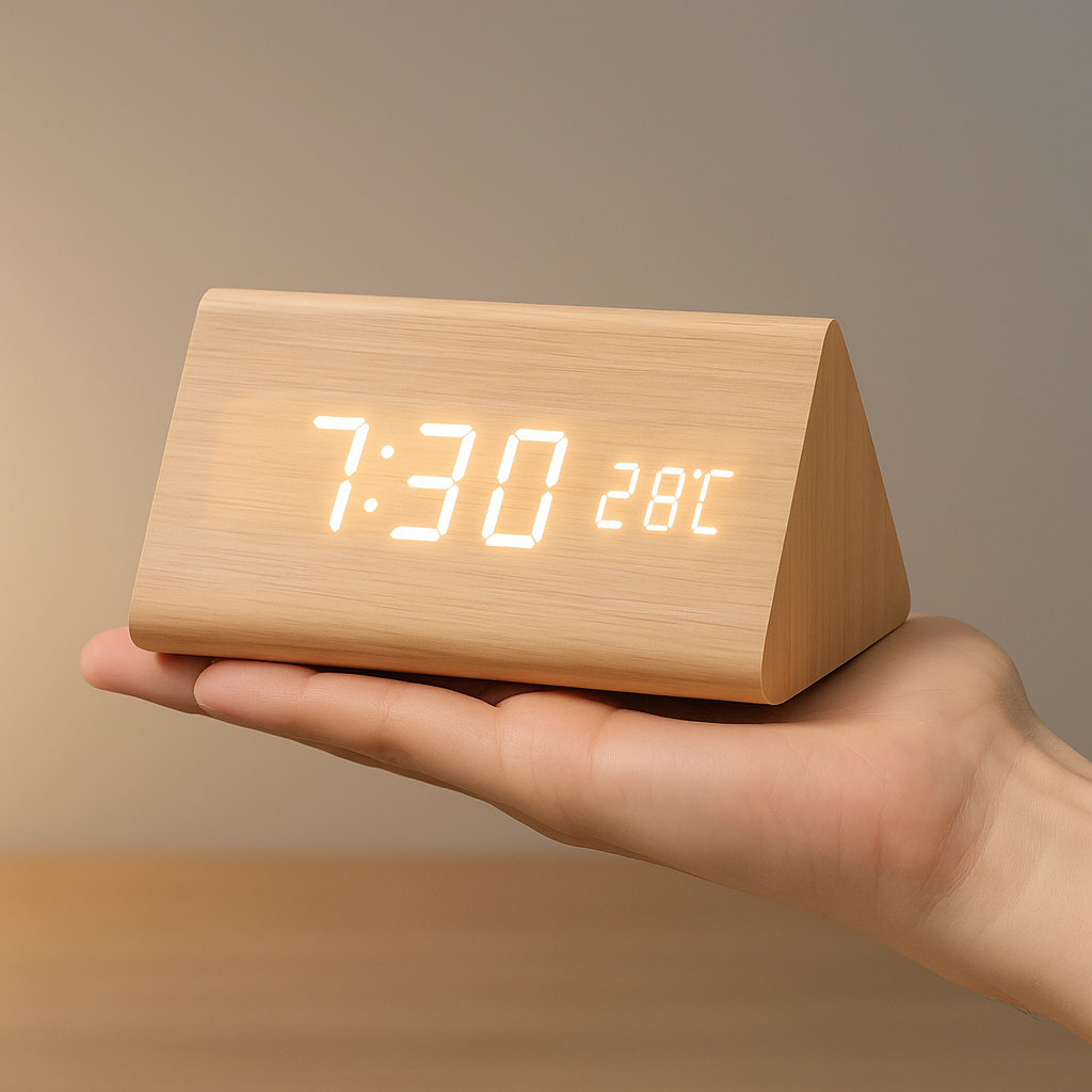 Digitale LED Klok Hout Driehoek Modern Design Wekker USB Dimbaar Display Tafelklok Slaapkamer Kantoor | Sansoti