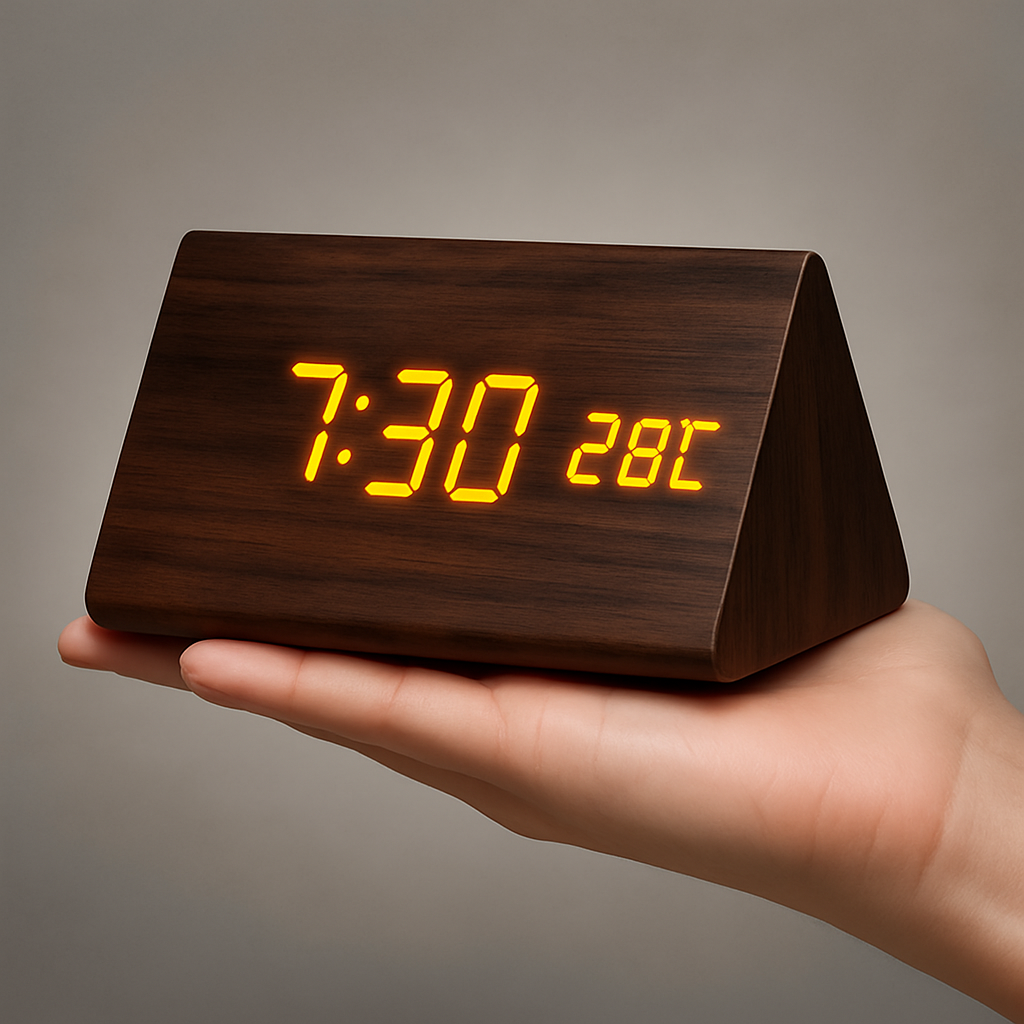 Digitale LED Klok Hout Driehoek Modern Design Wekker USB Dimbaar Display Tafelklok Slaapkamer Kantoor | Sansoti